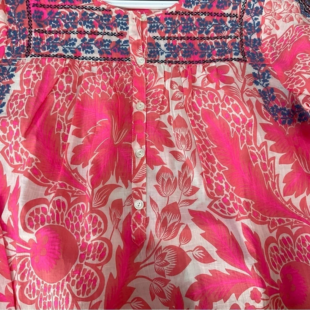 J.Crew Embroidered Floral Cotton Peasant Top Pink Blue Size 6